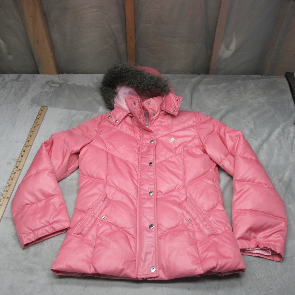 Adidas Down Jacket Womens Medium Pink Clima365 Faux Fur Hood Insulated Puffer